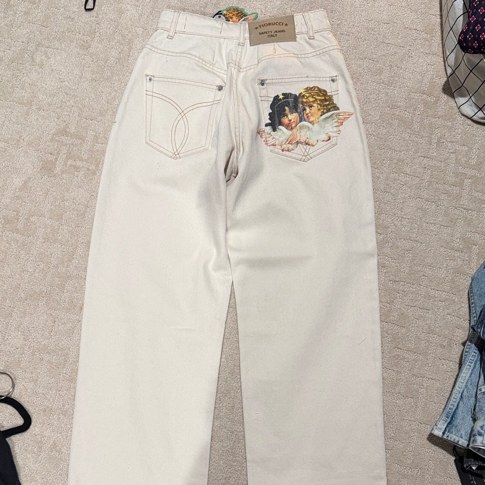 Fiorucci Cream Straight-Leg Jeans with Cherub Back Pocket